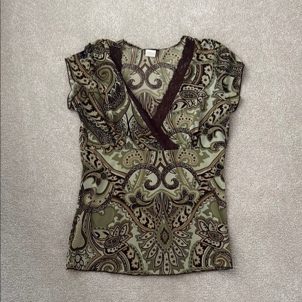 Agenda Brown and Green Asymmetrical Fitted Blouse